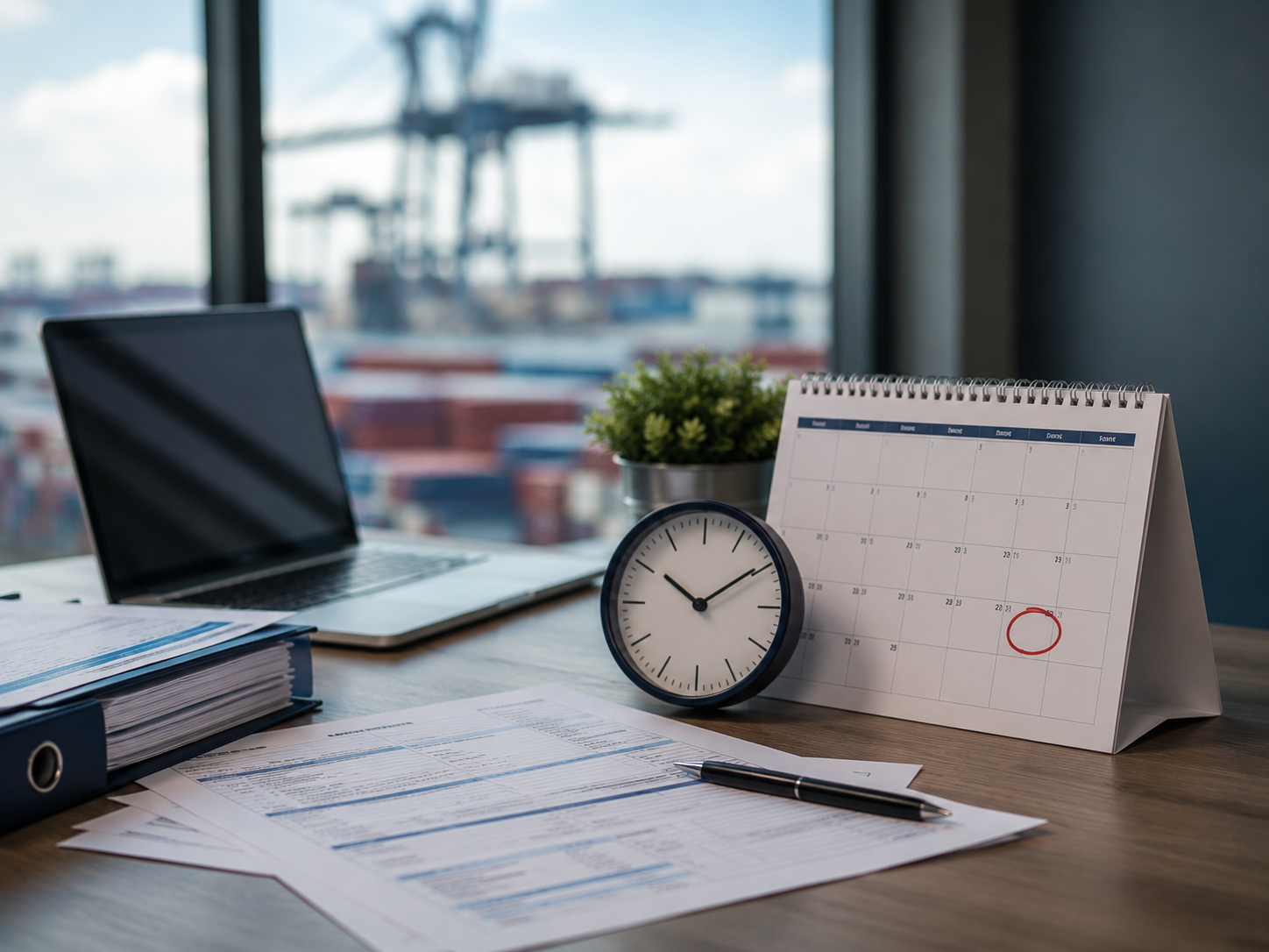 Calendar and clock beside shipping documents representing the FDA detention response deadline