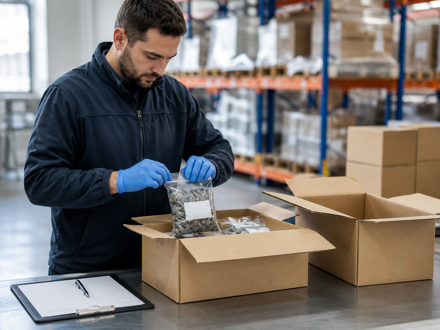 Technician documenting and sealing a product sample from a detained import shipment
