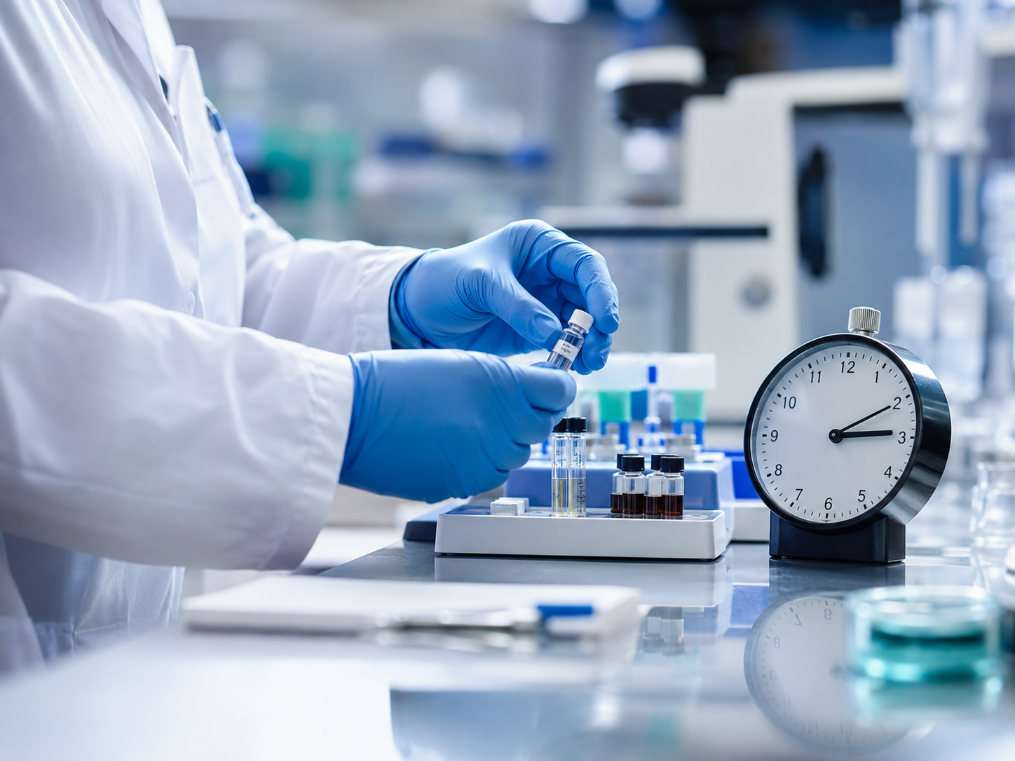 Laboratory technician working with sample vials beside a timer, representing detention testing turnaround