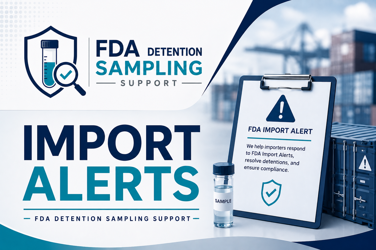 Import shipment containers under FDA import alert detention awaiting sampling and testing