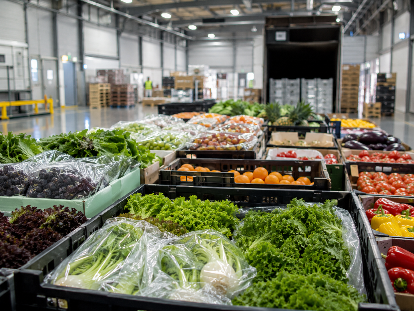 Imported fresh produce in crates at an inspection facility subject to FDA detention testing