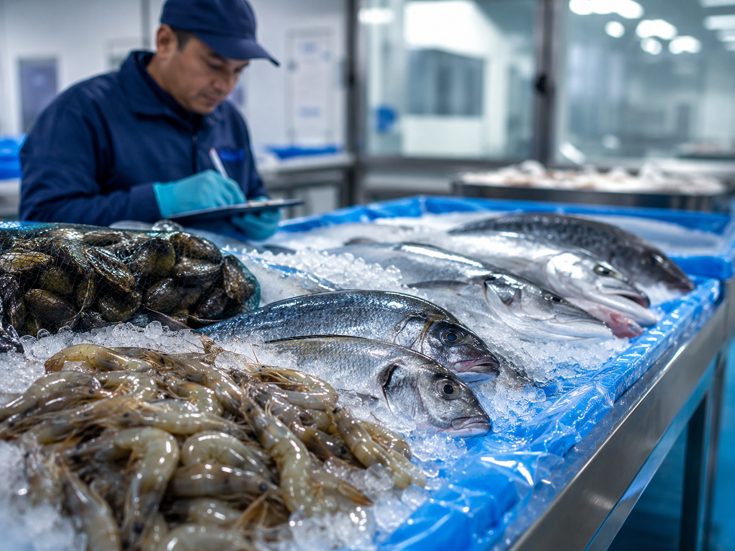 Imported seafood on ice at an inspection facility subject to FDA detention testing