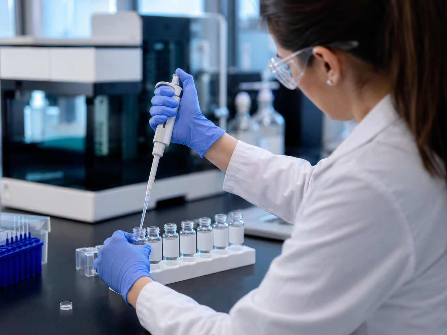 Laboratory analyst preparing product samples for analysis at an independent testing laboratory