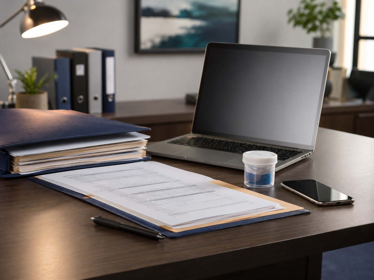 Coordination desk with shipment paperwork, sample documentation, and a laptop representing detention case management