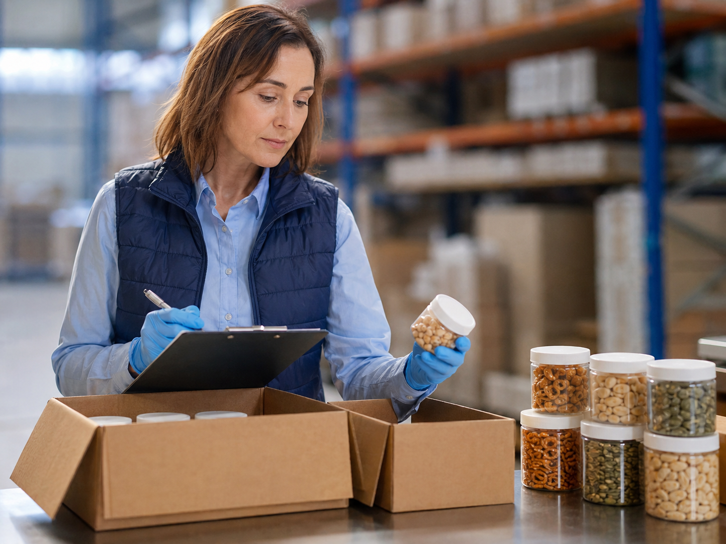 Coordinated sample collection at a warehouse with labeled containers and custody paperwork being completed