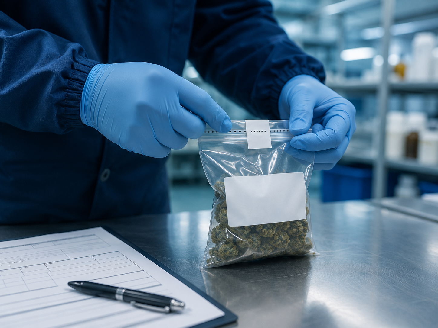 Sampler applying a numbered tamper-evident seal to a labeled product sample from a detained shipment