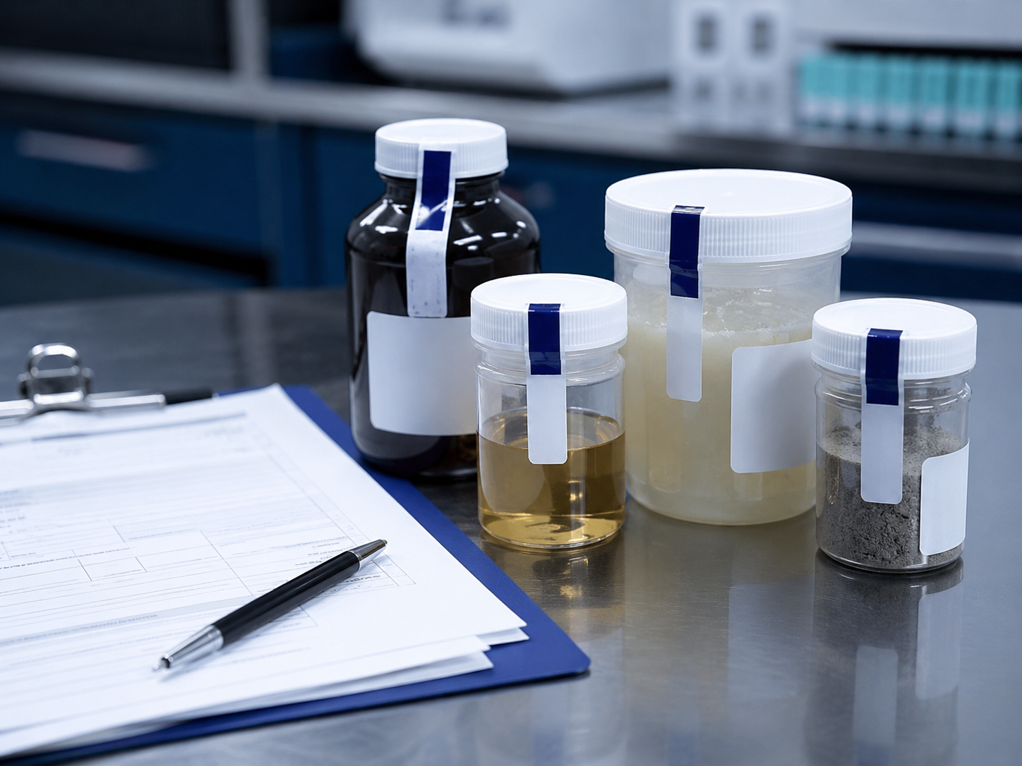 Sealed and labeled product samples with chain-of-custody paperwork prepared for laboratory transfer