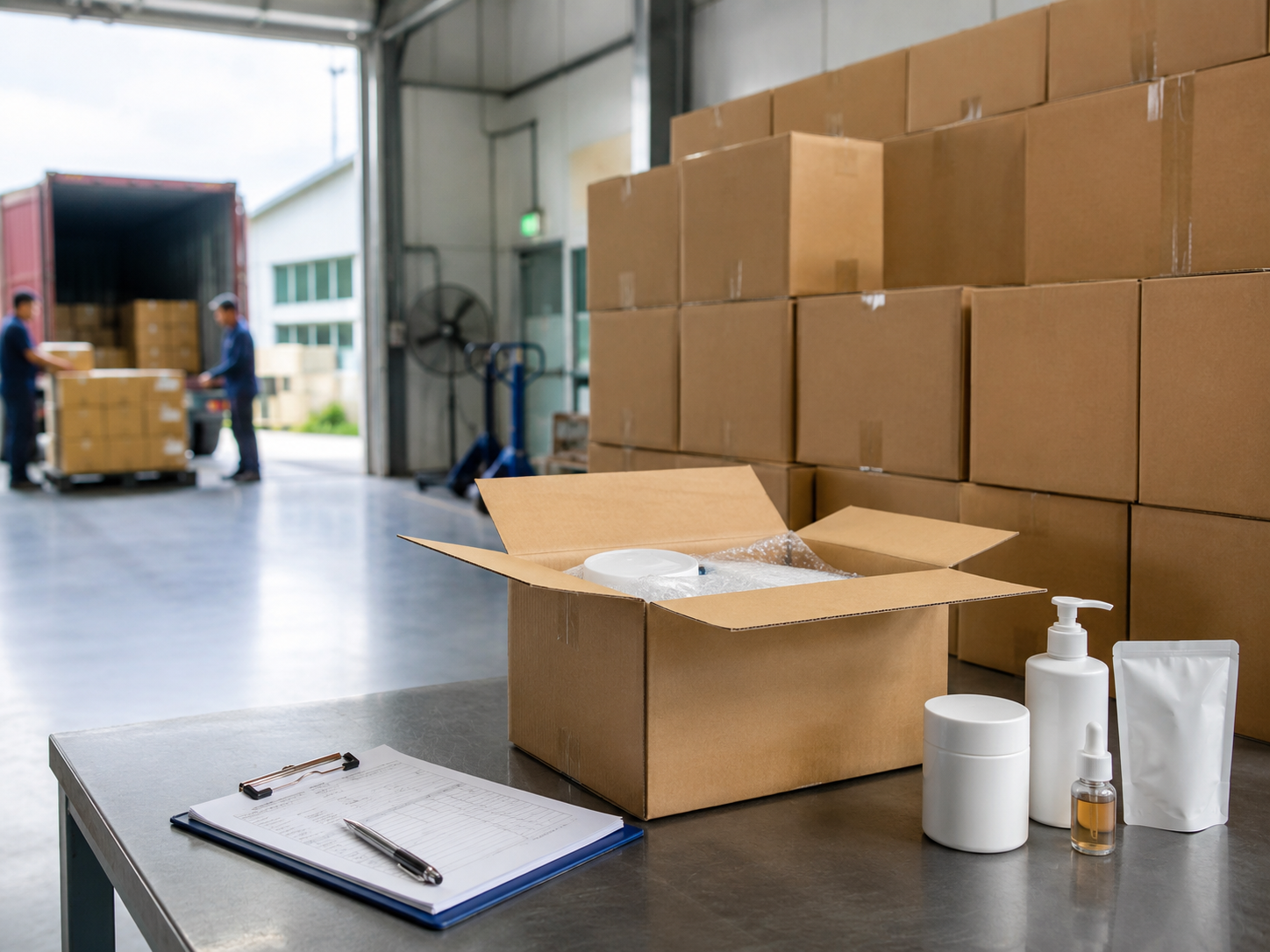 Import shipment cartons staged at a warehouse for coordinated sampling under an FDA import alert