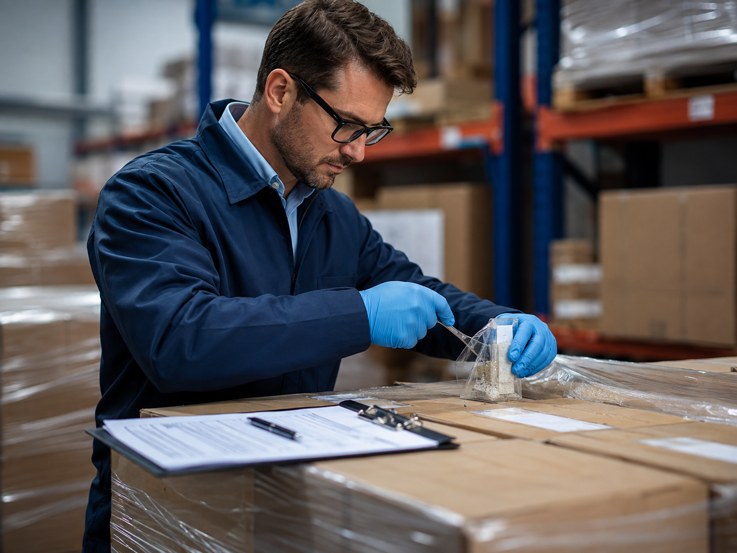 Third-party sampler documenting a detained import shipment for FDA detention testing coordination